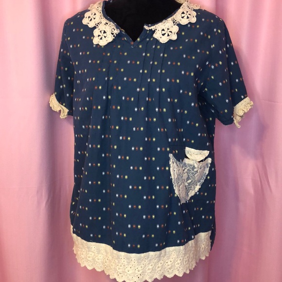 Blue Hat Tops - Cottagecore Mori Kei Top With Lace
